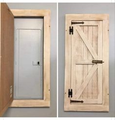 an open wooden door is shown in two different views