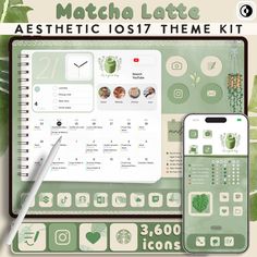 a green and white poster with the text matcha latte aesthetic io7 theme kit