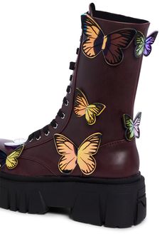 Current Mood 3D Iridescent Butterfly Combat Boots - Purple 3d Iridescent, Butterfly Boots, Iridescent Butterfly, Current Mood Clothing, Purple Goth, Prom Ideas, Purple Shoes, Free Socks, Purple Guy