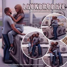 an animated image of people sitting on top of washing machines with the caption laundro date