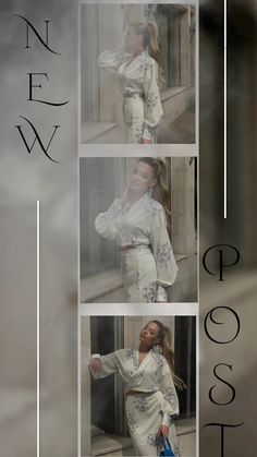 three photos of a woman in white clothing and the caption reads, new west