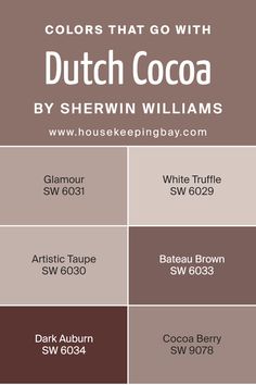 Colors that Go With Dutch Cocoa SW 6032 by Sherwin Williams Hot Cocoa Sherwin Williams, Marshmallow Paint Color, Cocoa Whip Sherwin Williams, Marshmallow Paint, Sherwin Williams Coordinating Colors, Red Paint Colors, Dutch Cocoa, Color Combinations Paint, Paint Color Combinations