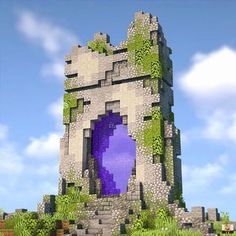 a very tall tower with a purple door in the middle of some grass and rocks