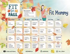 the fit for fall calendar is shown with autumn leaves and an image of a woman