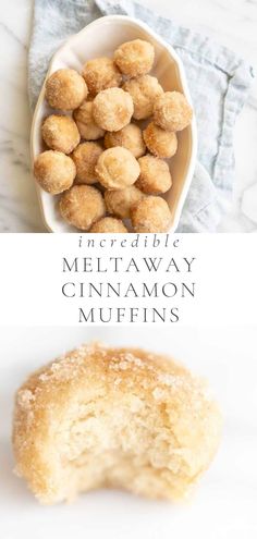 three different types of doughnuts in bowls on a white counter top with text overlay that reads incredible meltaway cinnamon muffins