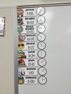 a bulletin board with different clocks on it