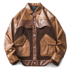 One reason leather jackets are so popular is that they offer a classic style. Leather fabric with classical corduroy fabric, retrofit, and combined with stylish and classical. The patchwork design of leather and corduroy fabric, combined with the wavy... Unique Leather Jacket, Corduroy Patchwork, Jacket Corduroy, Sweatshirt Jean Jacket, Women Cargo Pants, Wavy Design, Paper Dress, Leather Patchwork, Corduroy Fabric