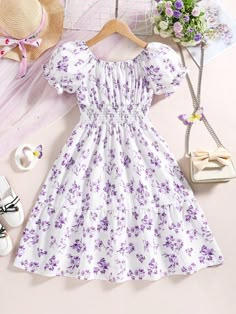 Tween Girl Floral Print Puff Sleeve Ruffle Hem Dress Violet Purple   Short Sleeve Fabric Plants,Ditsy Floral A Line Non-Stretch  Tween Girls Clothing, size features are:Bust: ,Length: ,Sleeve Length: Vestidos Color Pastel, Teenage Clothes, Cute Dress Outfits, Kids Frocks, Persian Art, Cute Preppy Outfits, Quick Outfits, Violet Purple, Ruffle Hem Dress