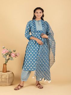 Blue Floral Printed Embroidered Yoke Kurta Set (Set of 3) By Shemohe now available at Trendroots Spring Blue Chanderi Sets, Chanderi Traditional Straight Kurta For Spring, Spring Traditional Chanderi Straight Kurta, Spring Chanderi Traditional Wear Straight Kurta, Chanderi Straight Kurta For Spring, Spring Handloom Chanderi Kurta, Festive Long Sleeve Indigo Kurta, Indigo Straight Kurta For Festive Occasions, Long Sleeve Indigo Kurta For Festive Occasions