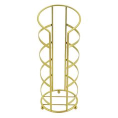 a tall gold metal rack with circles on the top and bottom, standing upright against a white background