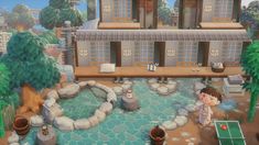 an animated image of a person standing in front of a house with a pool and hot tub