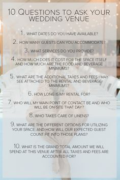 a table with white linens and the words 10 questions to ask your wedding venue