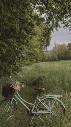 an old bicycle is parked in the grass