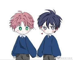 two anime boys with pink hair and green eyes, one is wearing a blue shirt