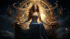 a beautiful woman in a blue dress sitting on top of a golden wheel with stars