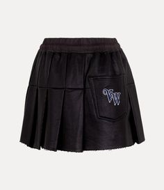 Our Cheerleader skirt features a straight front panel and pleated back, inspired by the silhouette of traditional kilts. The piece receives an elasticated waistband that ties at the front with an adjustable string, branded with our orb and lettering motifs to finish. Luxury Fitted Pleated Mini Skirt, Leather Cheerleader Skirt, Cheerleading Mini Skirt With Pleated Details, Luxury Wool Pleated Skirt, Vivienne Westwood Mini Skirt, Cheerleader Skirt, Eastpak Backpack, Men Trousers, Knitwear Tops