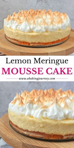 lemon meringue mousse cake on a wooden platter with text overlay