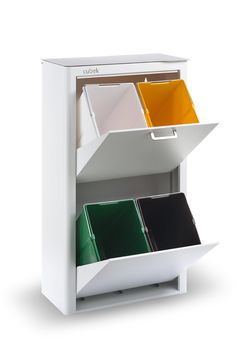 a white shelf with three bins and two different colors on the bottom one is open