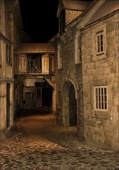 an alley way with stone buildings and cobblestone walkways at night in the city