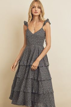 Casual Tiered Mini Dress For Garden Party, Brunch Sundress With Ruffle Hem And Tiered Skirt, Ruffled Midi Sundress For Brunch, Midi Sundress With Ruffles For Brunch, Ditsy Floral Print Midi Sundress, Brunch Midi Sundress With Ruffle Hem, Midi Sundress With Ditsy Floral Print, Casual Midi Sundress With Ditsy Floral Print, Tiered Ruffle Hem Sundress For Brunch