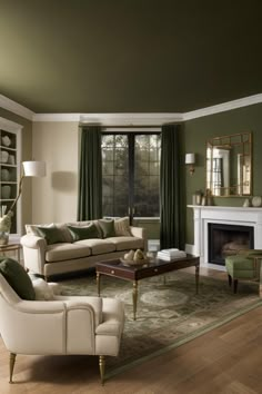 Experiment with this precise design and furniture in your own area using AI HomeDesign with just one simple click!Green, Fireplace, Dark, Earthy, Olive, Venetian, Sage, Emerald, Mature, Brown, Muted, Monochromatic, Living, Room, Tones#LivingRoomDesign #FireplaceDecor #GreenWall #EarthTones #DarkGreen #SageGreen #Monochromatic #InteriorDesign #AIHomeDesign #MatureColorScheme Green Copper Living Room, Dark Forest Green Living Room, Brown And Sage Green Living Room, Olive Green Living Room, Olive Living Rooms, Modern Vintage Living Room, Dark Green Living Room, Green Living Room Decor, Cream Living Rooms