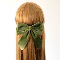 "Gorgeous Moss Velvet Short Tail Bow.  This listing is for a beautiful velvet bow made with premium velvet ribbons. Approx 6\" long and 5\" wide.  The bow is cut and then attached to a black bobble, a french barrette or an alligator clip with a secure fit.  Follow blossom and cherry (@blossomandcherry) on Instagram for regular offers and discounts. The bows can be customised on a bobble or an alligator clip.  All my items are hand made from start to finish with great detail and to a very high st Bridesmaid Hair Bows, Bridesmaids Hair, Velvet Bows, Tail Hair, Velvet Shorts, Velvet Hair, French Barrette, Handmade Gift Wrap, Velvet Bow