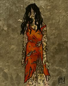 a drawing of a woman in an orange dress with black hair and tattoos on her arms