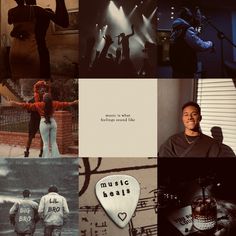 a collage of photos with people and music