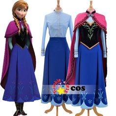 two frozen princess dresses on mannequins, one in blue and the other in pink