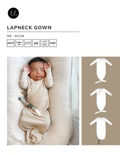 a baby laying on top of a white pillow next to three different images of clothes