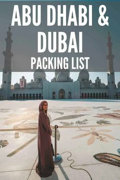 a woman standing in front of a building with the words abu, dhab and dubai packing