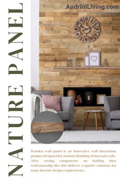 an advertisement for a living room with wood paneling on the wall and furniture in the background