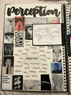 a spiral notebook with pictures and words on the cover that read,'perception '