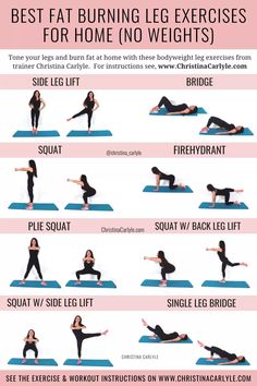 Leg Exercises at Home - Bodyweight leg exercises in a great workout at Home from trainer Christina Carlyle. https://www.christinacarlyle.com/leg-exercises-at-home/ 12 Minute Workout, Exercises At Home, Tone Thighs, Leg Exercises, Body Weight Leg Workout, Workout For Women, Toning Workouts