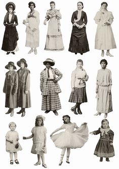 an old black and white photo of women in different dresses from the early 1900's