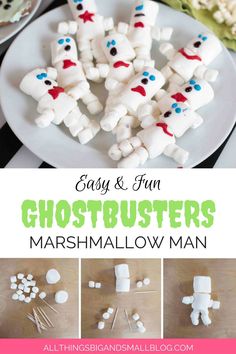 marshmallow man made out of marshmallows on a white plate with text overlay that says easy and fun ghostbusters marshmallow man