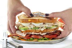 a person is holding up a sandwich on a plate