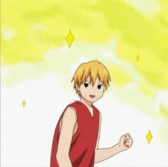 an anime character with blonde hair standing in front of a yellow sky and white clouds