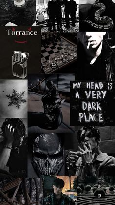 a collage of black and white images with words on them