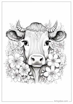 a cow with horns and flowers on it's head is shown in black and white