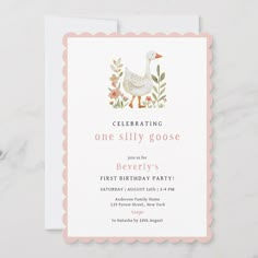 a birthday party card with a duck and flowers on the front, in pink and white