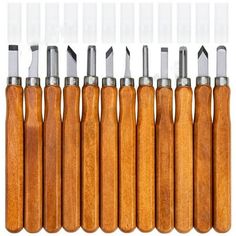 six woodworking tools are lined up in a row