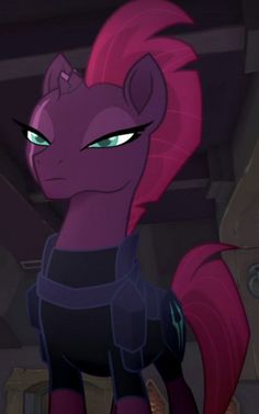 an animated pony with pink hair and green eyes looking at something in front of her