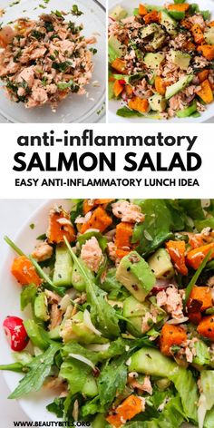 Beauty Bites - Healthy Recipes & Fitness Sweet Potato Salmon Salad, Salad With Canned Salmon, Salmon Bites Salad, Can Salmon Salad Recipes, Salad With Salmon On Top, Salad With Salmon Recipes, Salmon Recipes Salad, Fancy Salad, Gut Healthy Recipes