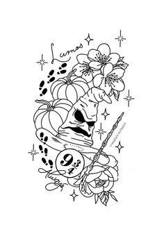 a tattoo design with flowers and skulls on it