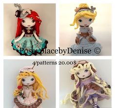 four crocheted dolls with different outfits and hair are shown in three separate pictures