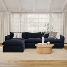 Leigh Ink Blue Modular & Reversible Sectional Sofa, Performance Velvet | Article Dark Blue Living Room Furniture, Article Sectional Sofa, Blue Sectional Living Room Decor, Navy Sofa Living Room Colour Schemes, Navy Blue Couch Living Room Decor, Dark Blue Couch, Navy Sofa Living Room, Sectional Living Room Decor, Secret Basement