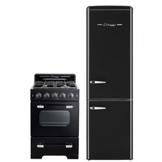 a black stove and refrigerator next to each other