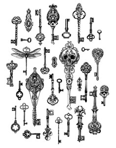 a bunch of keys that are in the shape of a key to different things on display