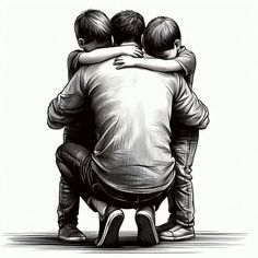 three boys hugging each other while sitting on a stool with their arms around one another